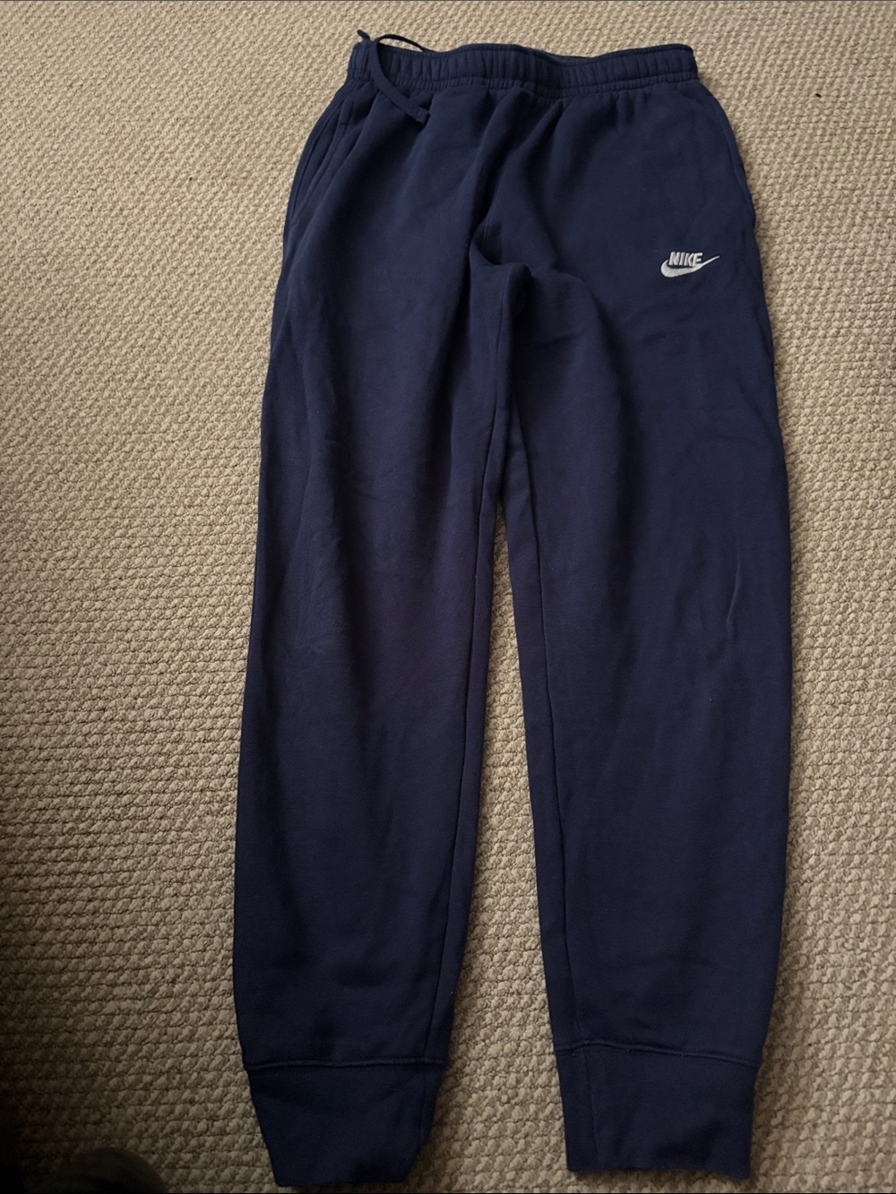 Nike men’s size small Navy Jogger Sweatpants with White Swoosh